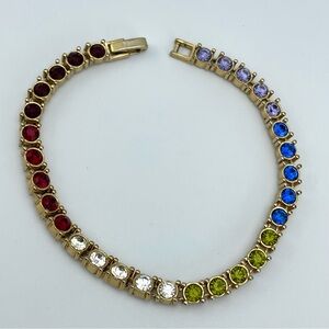 Vintage Rainbow Rhinestone Tennis Bracelet Gold Tone Multicolor Sparkle